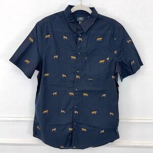 H&M Men Regular‎ Fit Short Sleeve Button Up Shirt Navy Blue Tiger Print Size M